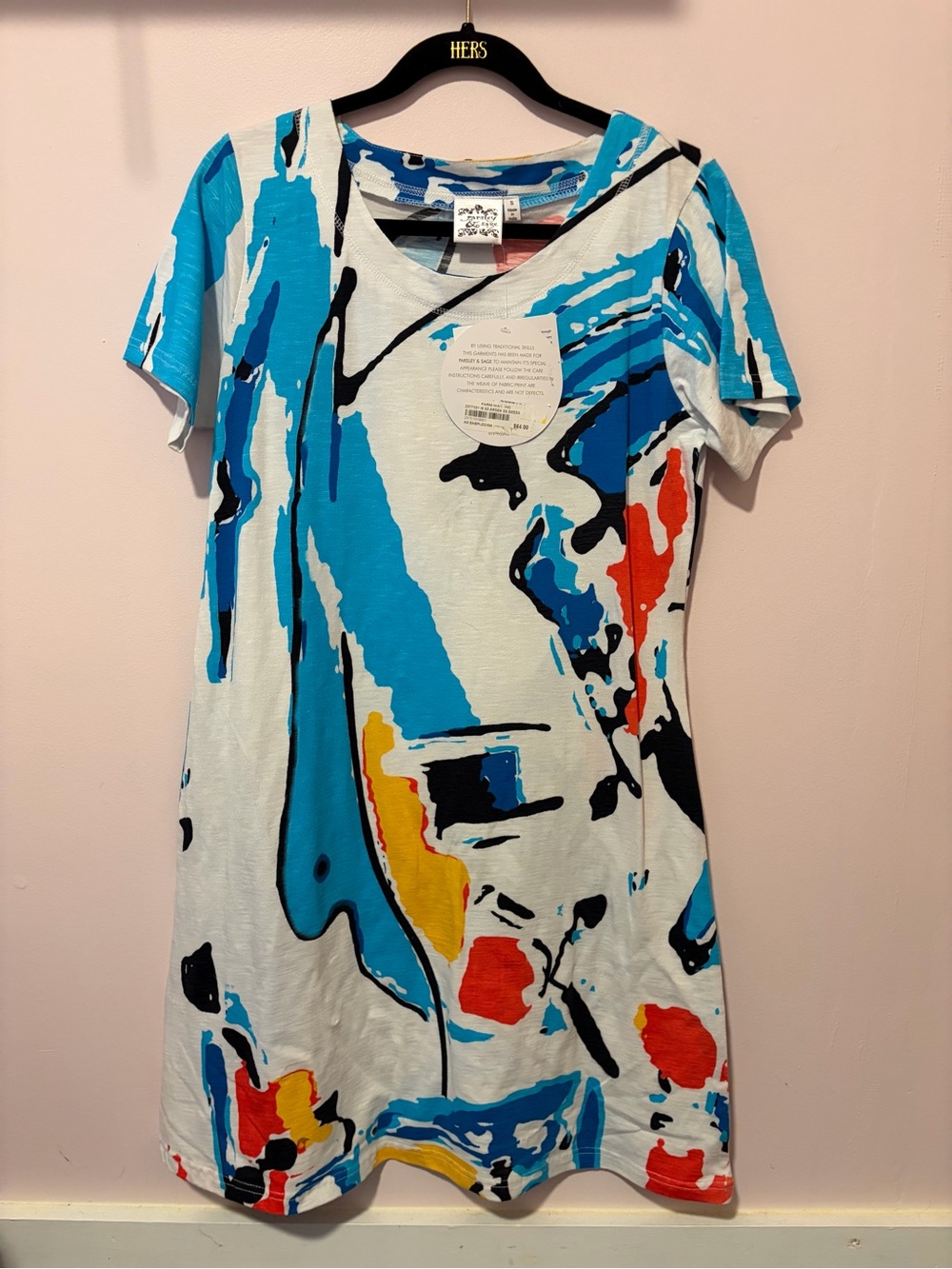 Parsley & Sage Abstract Paint-Splash Mini Dress in White, Blue, Red & Yellow